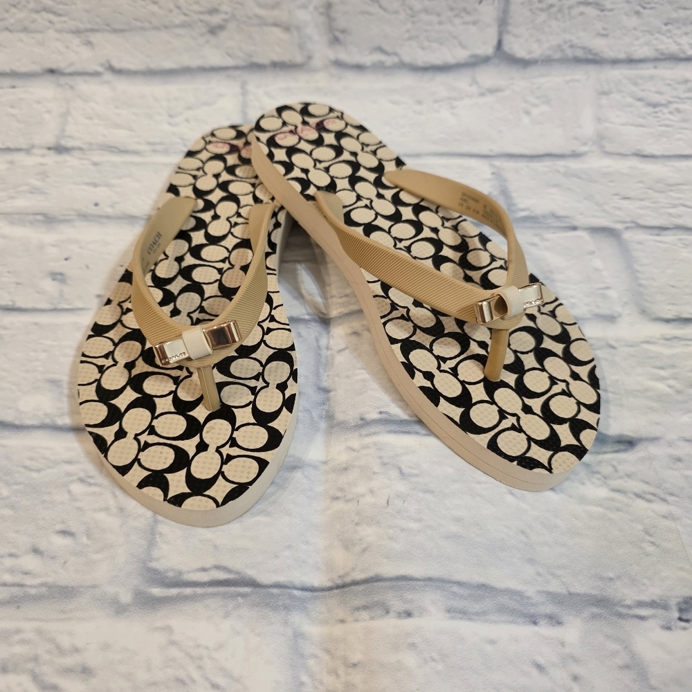 Coach Amel Black & Beige Signature Pattern Women's Flip Flop Sandals 5-6